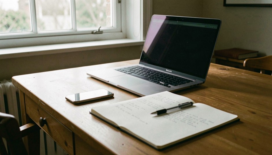 Scrivania di casa con un portatile aperto, uno smartphone accanto, un quaderno con annotazioni a penna e la luce del pomeriggio dalla finestra