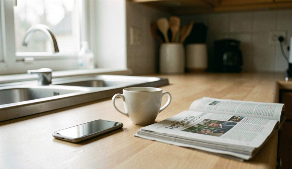 Una cucina al mattino con uno smartphone appoggiato accanto a una tazza di caffè e a un quotidiano, luce chiara e quotidiana