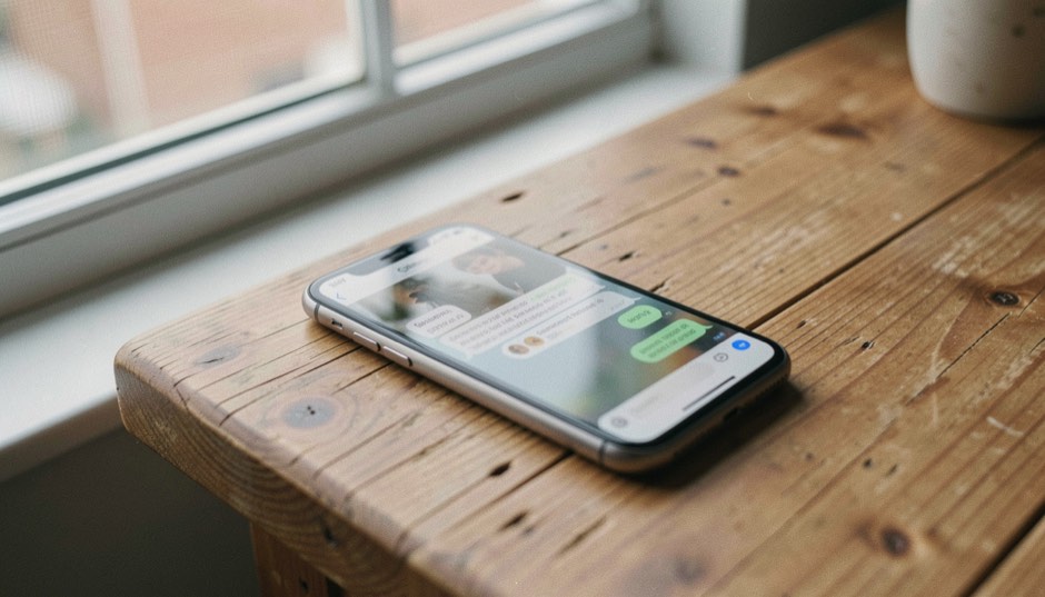 Uno smartphone appoggiato su un tavolo di legno vicino a una finestra, sullo schermo bolle di conversazione sfocate, accanto una tazza e la luce morbida del mattino